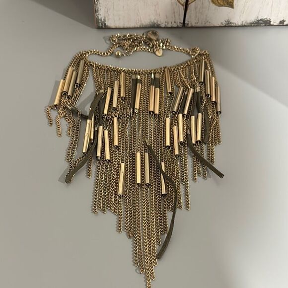 CHICO'S Boho Bib Gold Tone and Okive Leather Necklace - Picture 5 of 5